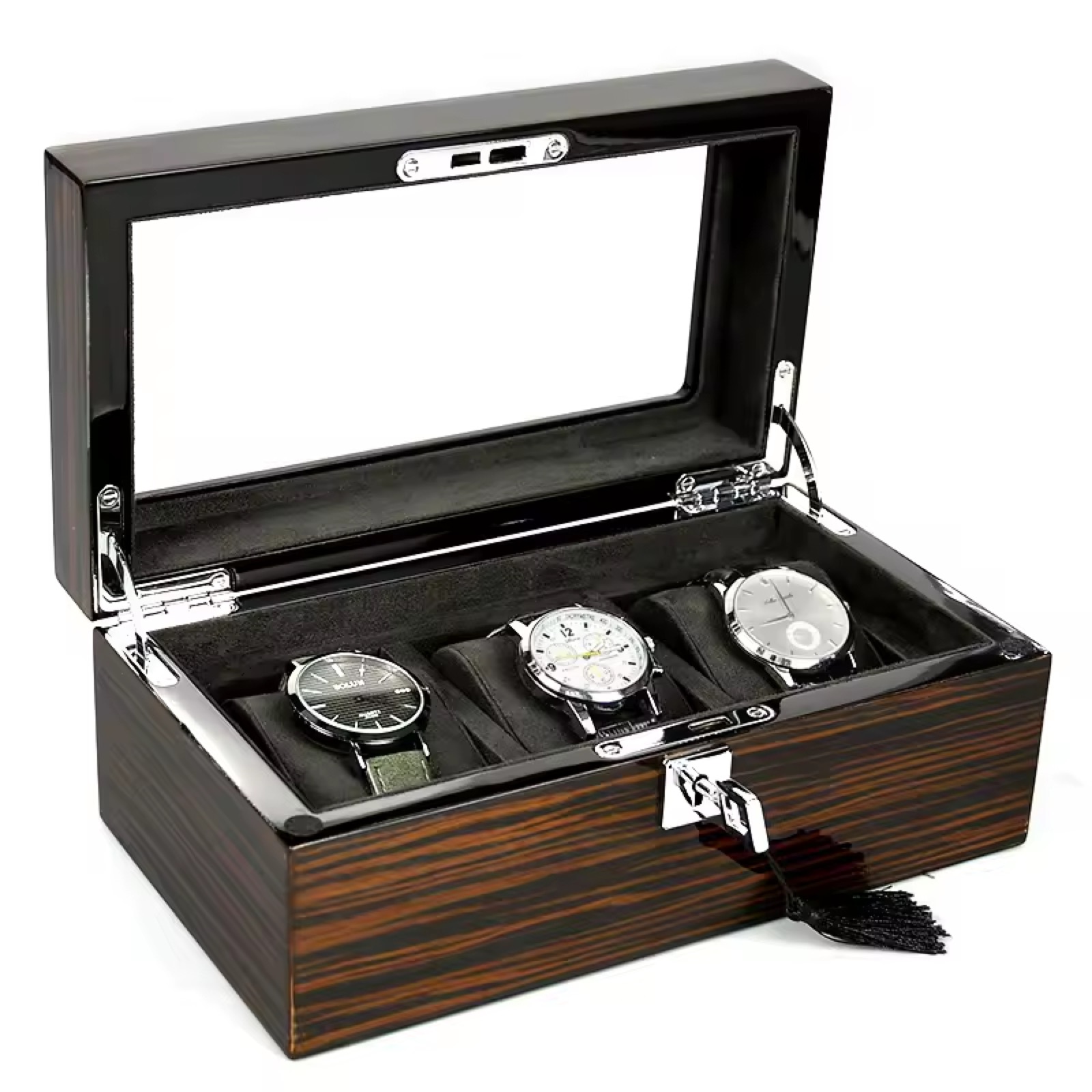 B&M High gloss wooden box for watch with glass lid for men watch