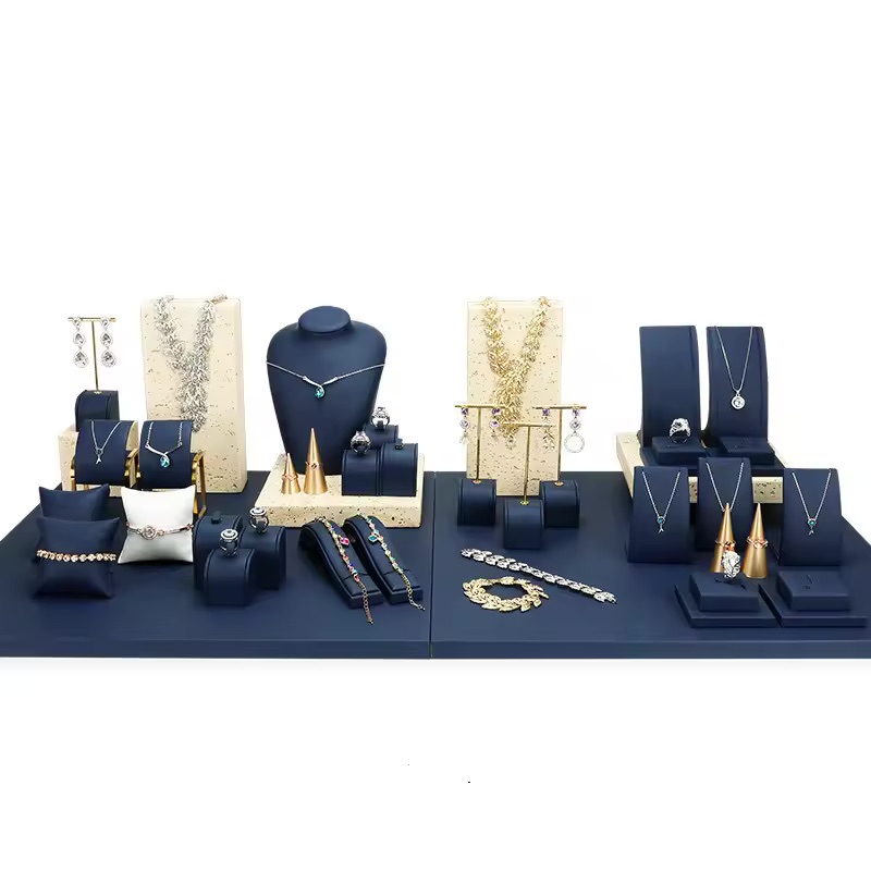 Custom Design Luxury Classic Blue PU leather Covered Jewelry Display Stand For Earrings Ring Necklace Jewelry Display Set