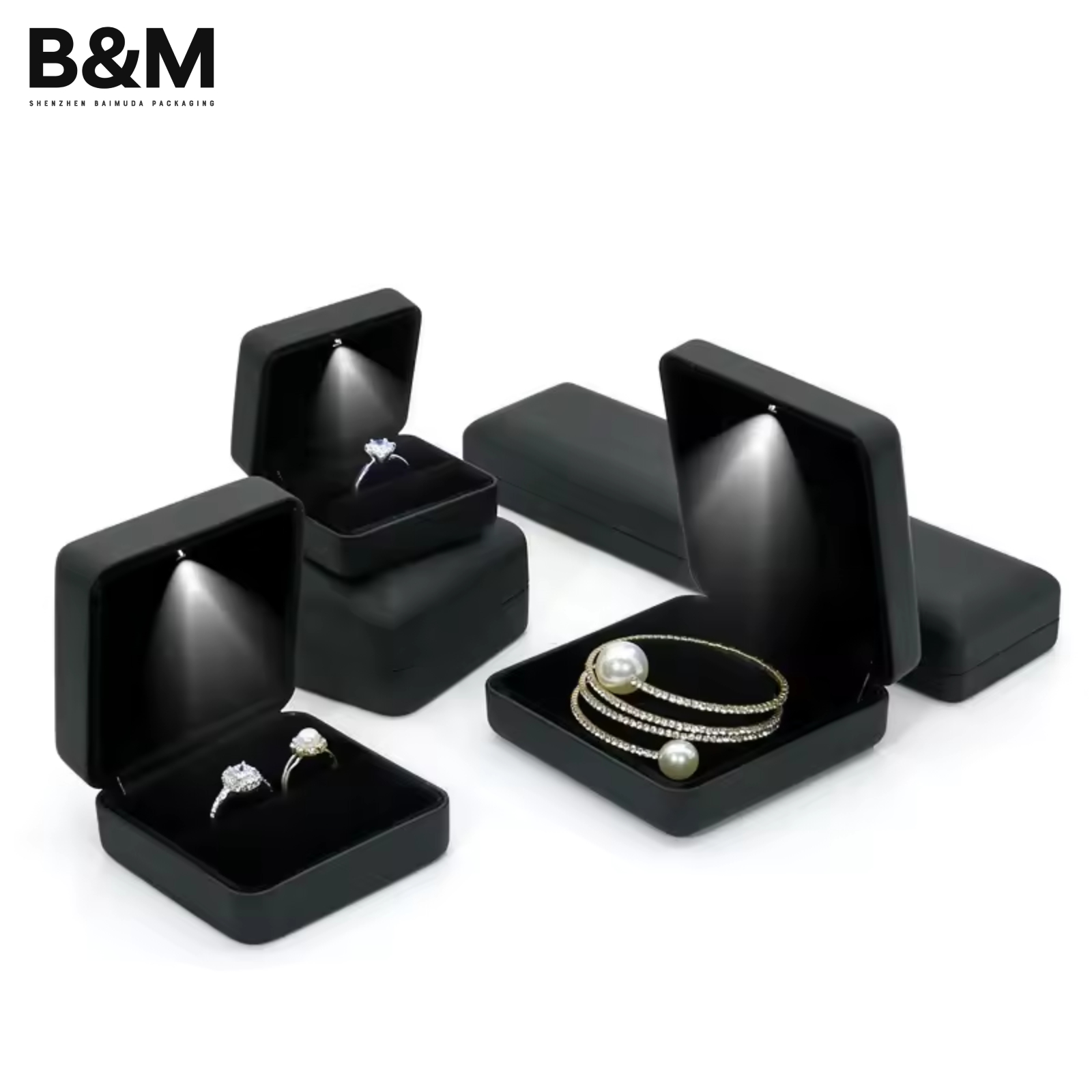 B&M Custom PU Leather jewelry plastic box- with LED Light